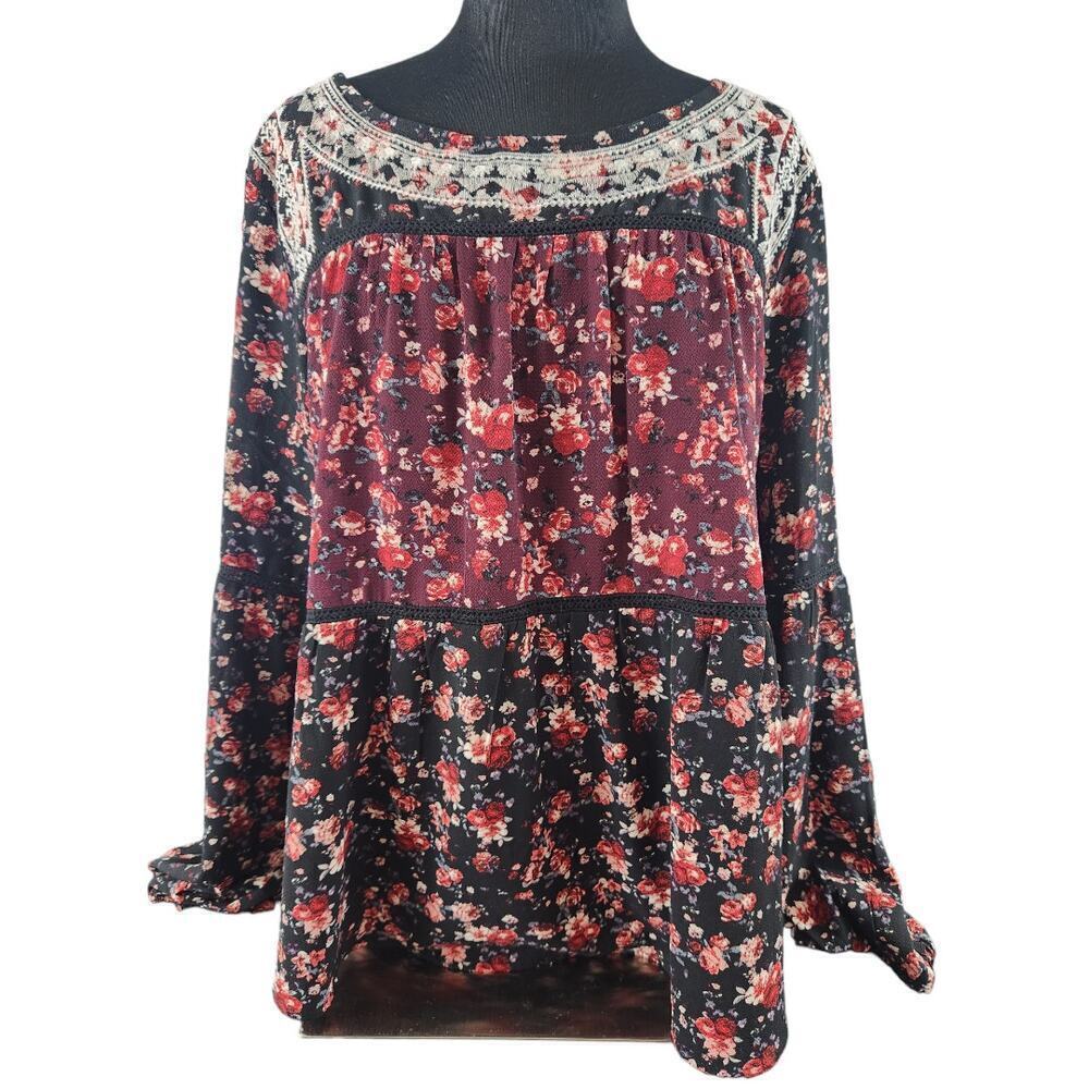 Knox Rose XL lace up back floral cottage core boho black red long sleeve blouse